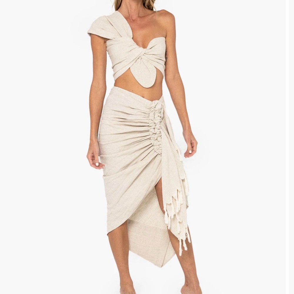 $370 Just Bee Queen JBQ Tulum Women’s Skirt Size M Tan Linen Tassels